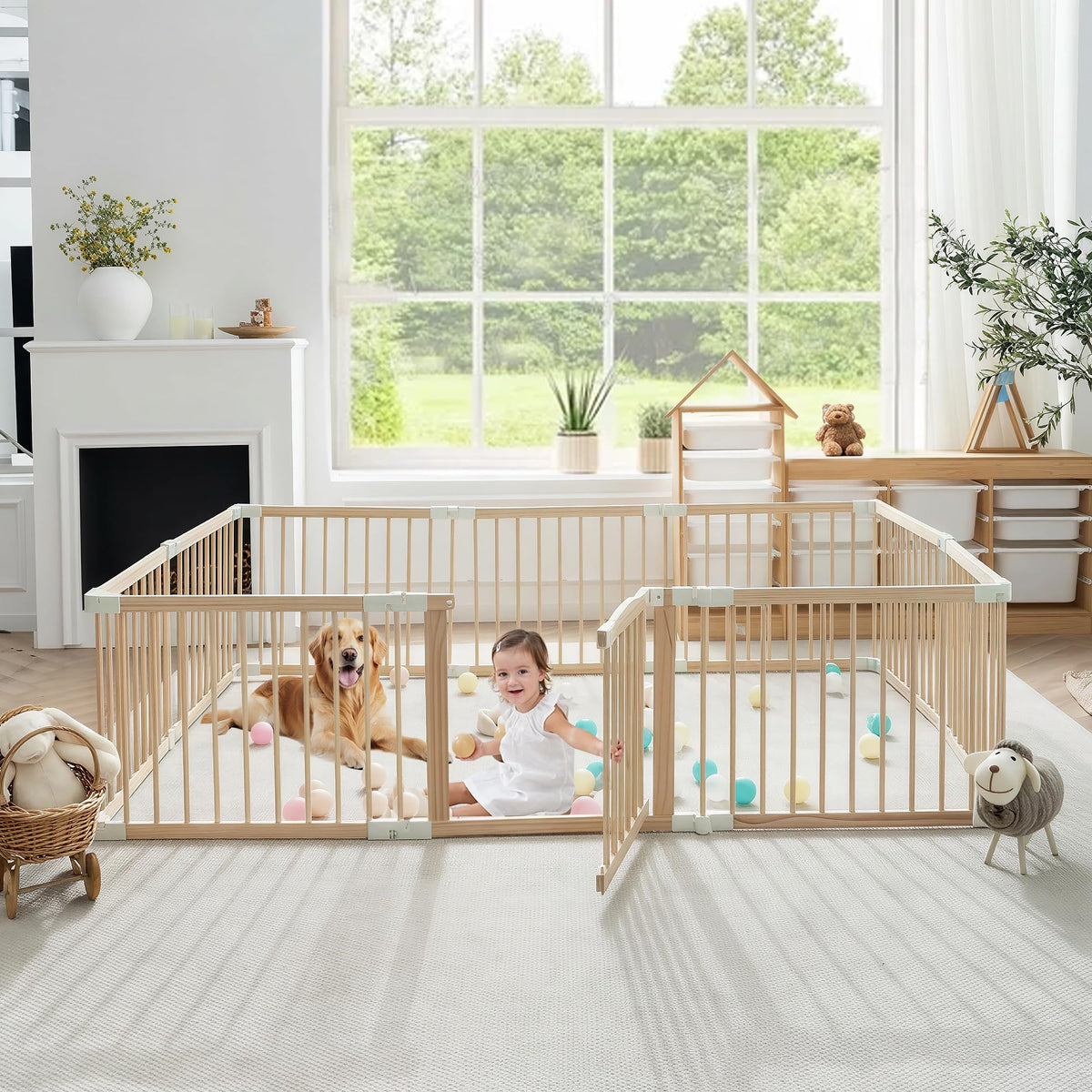Foldable Wooden Baby Playpen with Gate J628277